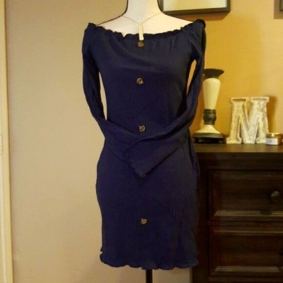 Navy Knit Stretch Bodycon Button Down Mini Dress - Picture 5 of 9